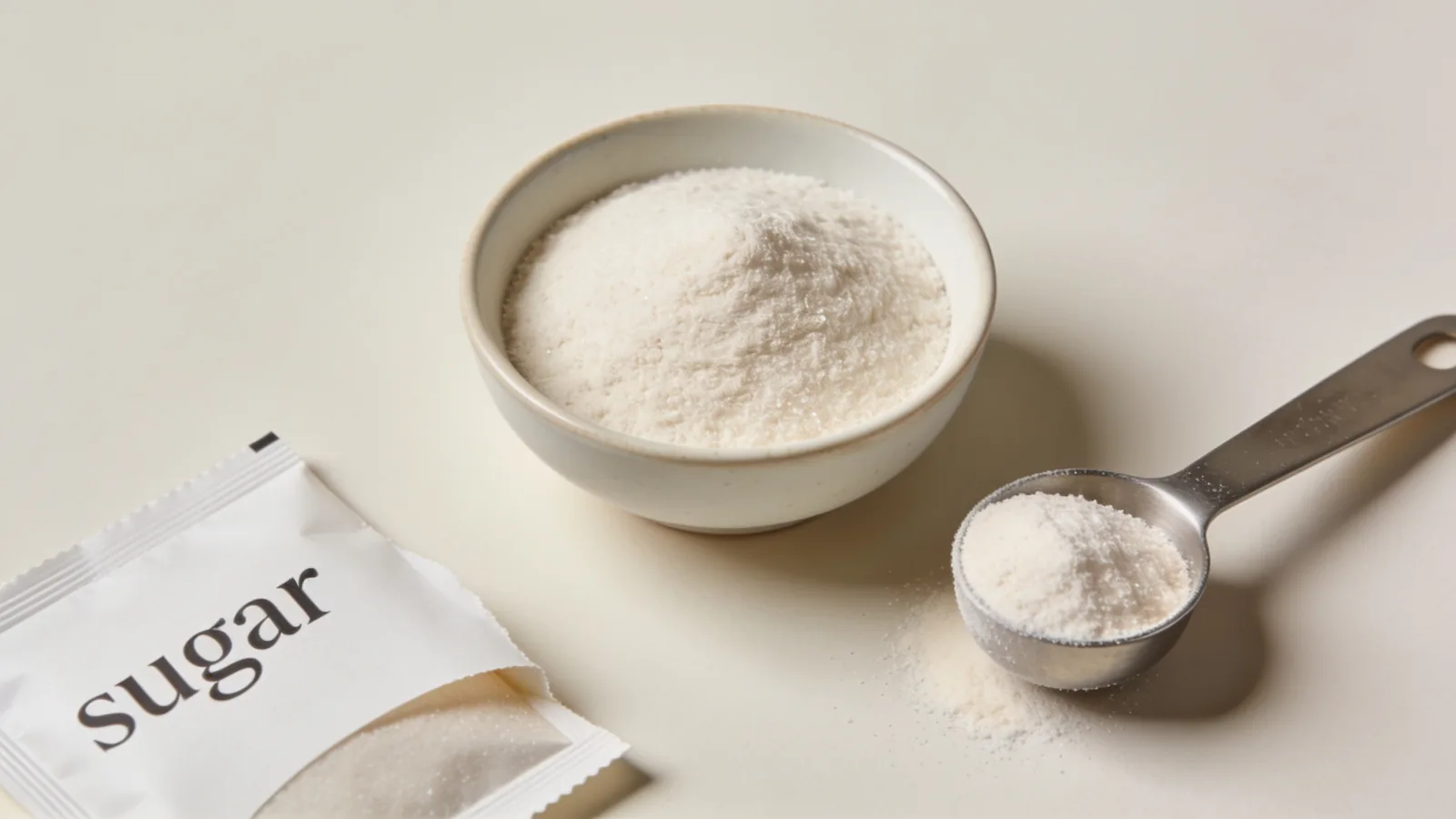 Bowl of unsweetened white protein powder and a metal scoop beside a packet labeled "sugar" on a pale surface