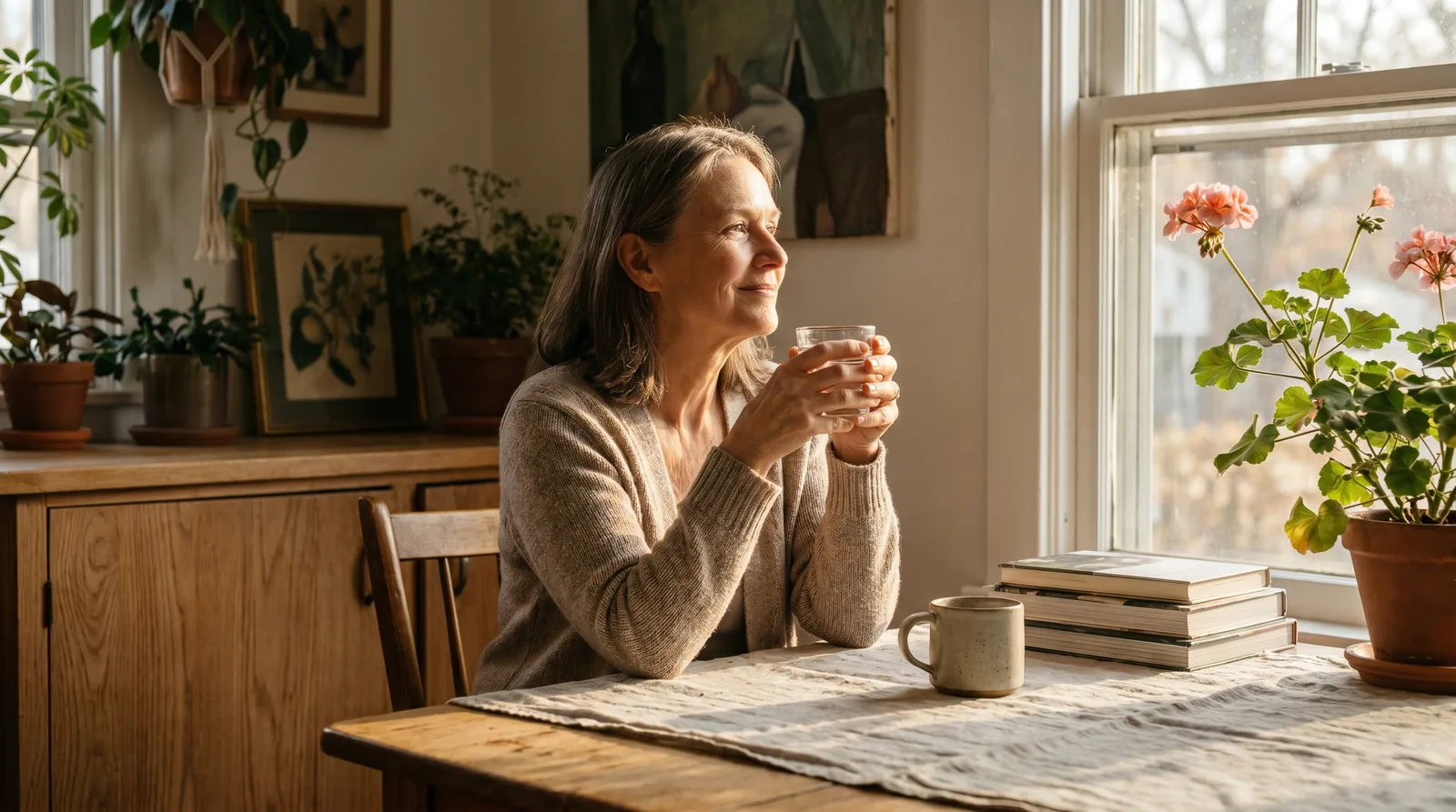 Middle-aged woman sipping a clear protein drink from a glass at a sunlit kitchen table