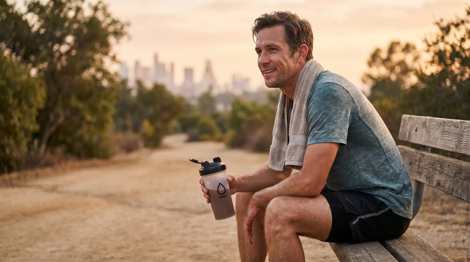 Sweating runner resting on a trail bench after a run, holding a protein shake shaker bottle, towel on shoulder