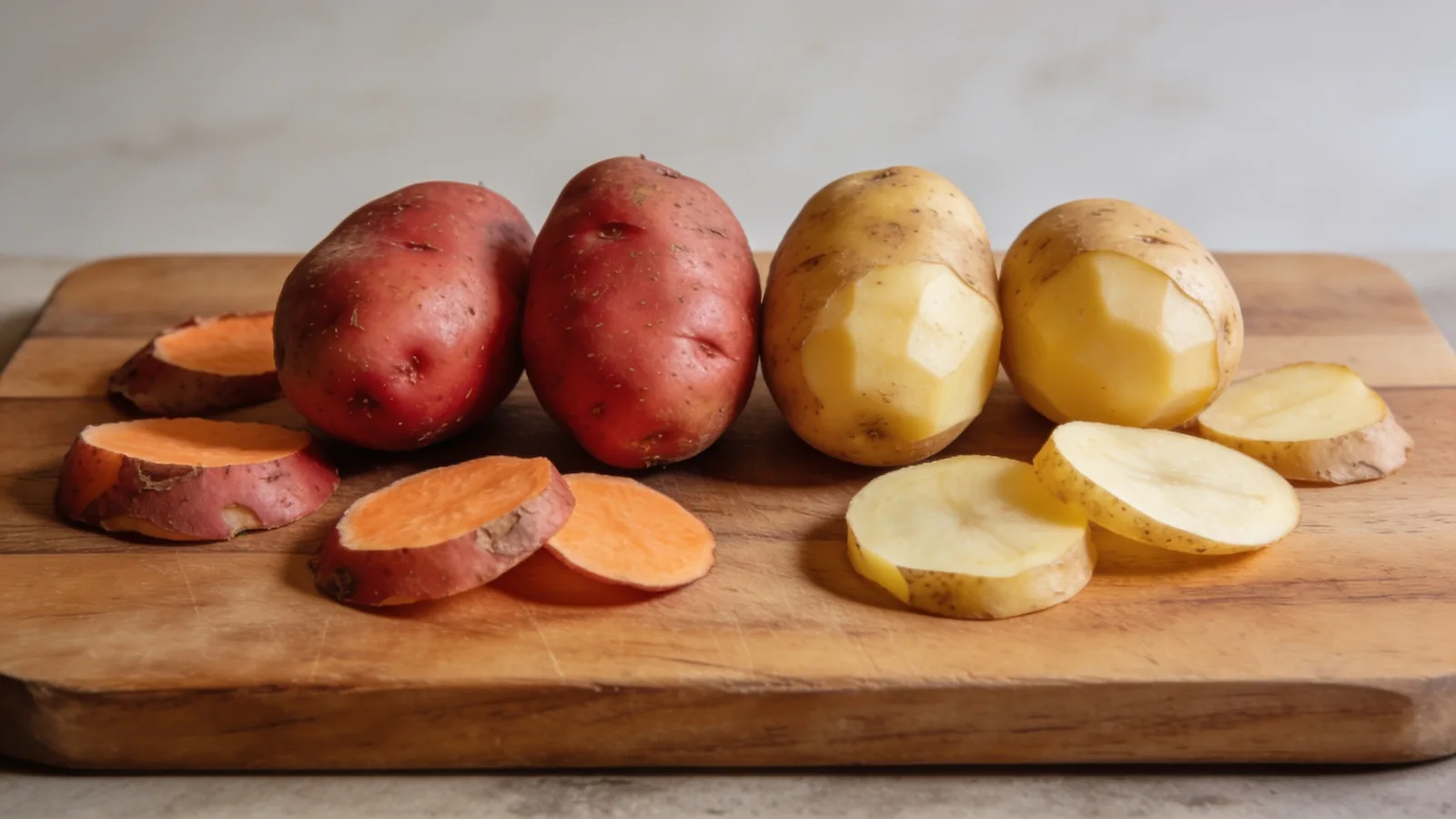 Whole and sliced red-skinned and yellow potatoes with orange-fleshed slices on a wooden cutting board