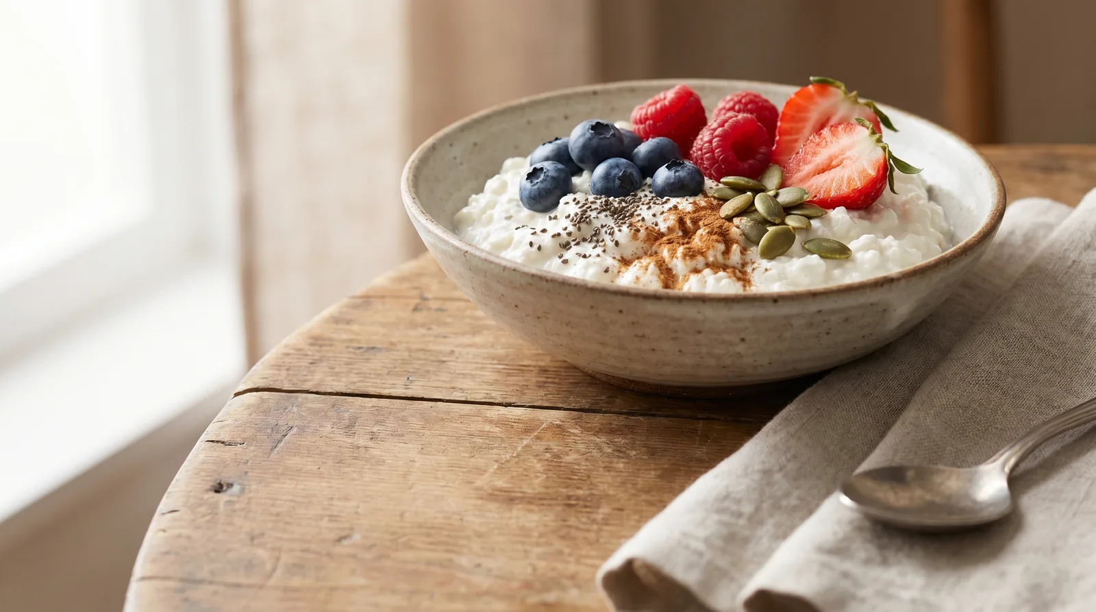 Bowl of cottage cheese topped with berries, chia, cinnamon and pumpkin seeds on a wooden table