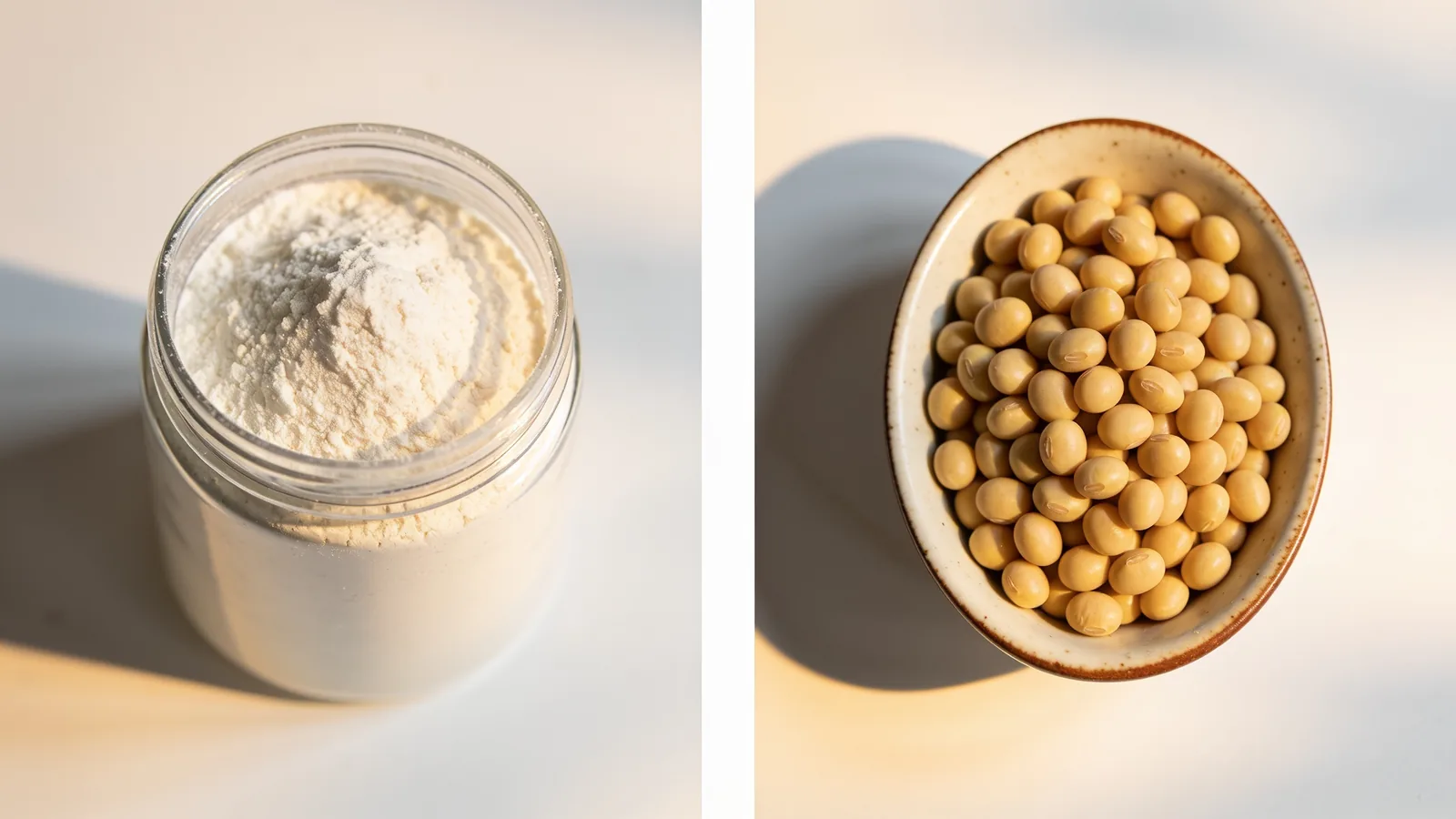 Split image: open glass jar of pale protein powder on left, ceramic bowl of dried soybeans on right.