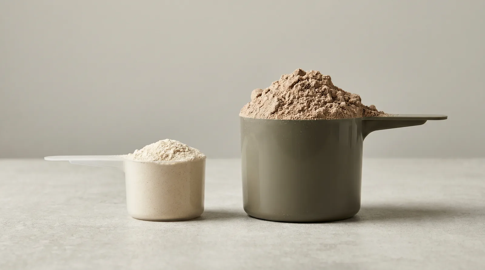 Small scoop of standard protein powder beside a large heaped scoop of mass gainer powder on a counter