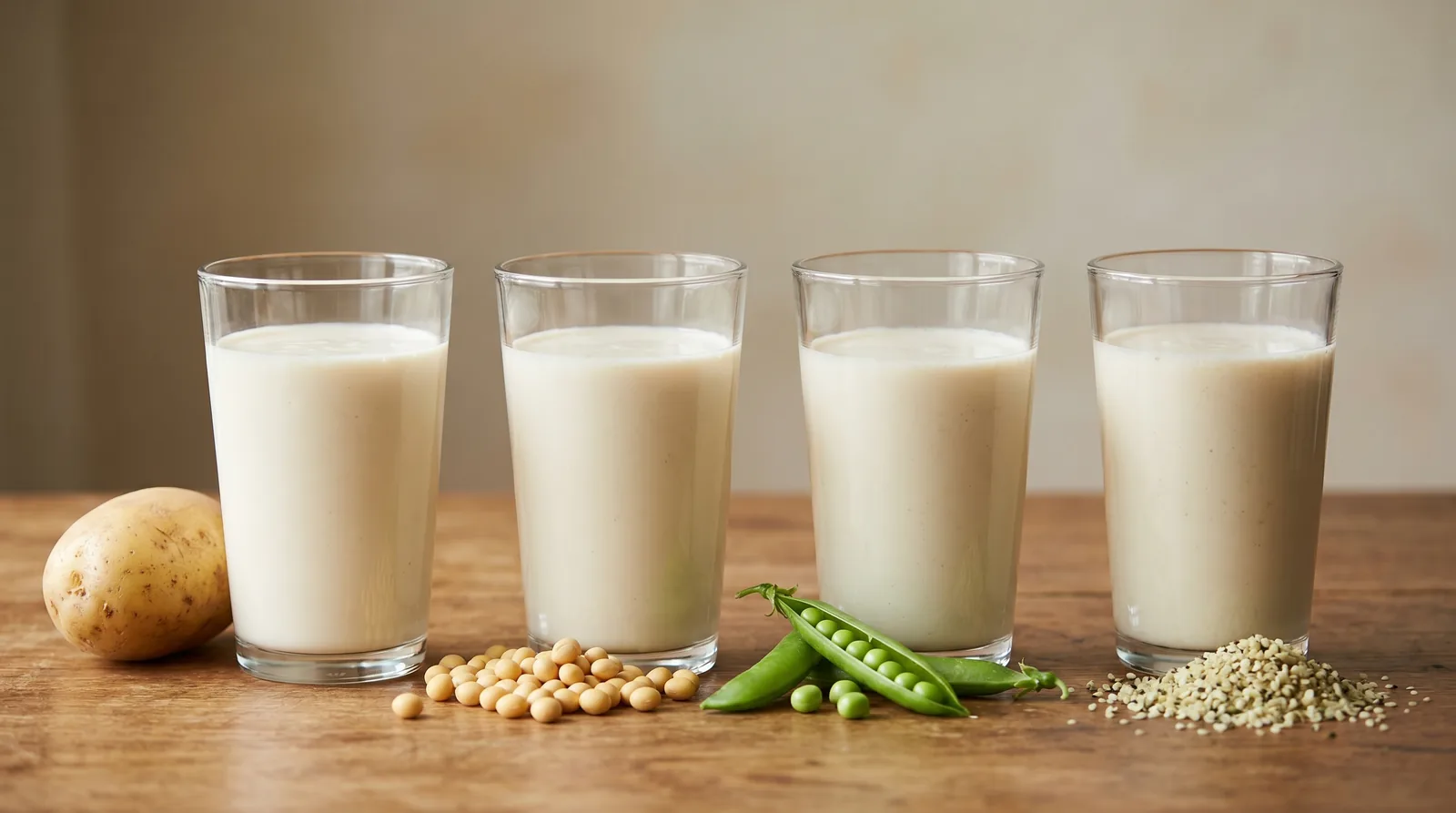 Four glasses of non-whey protein shakes beside a potato, soybeans, pea pod, and hemp seeds on wood